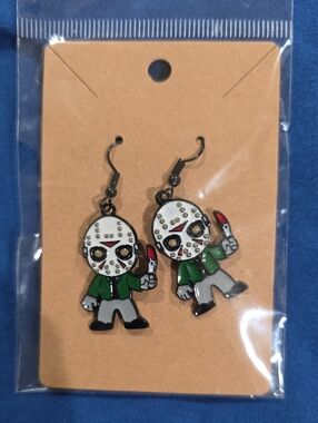 Hockey Mask Horror Character Dangle Earrings - White, Green, Red